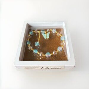 Blue & Gold Beaded Stretch Bracelet Butterfly Charm in 3D Floating Display Case